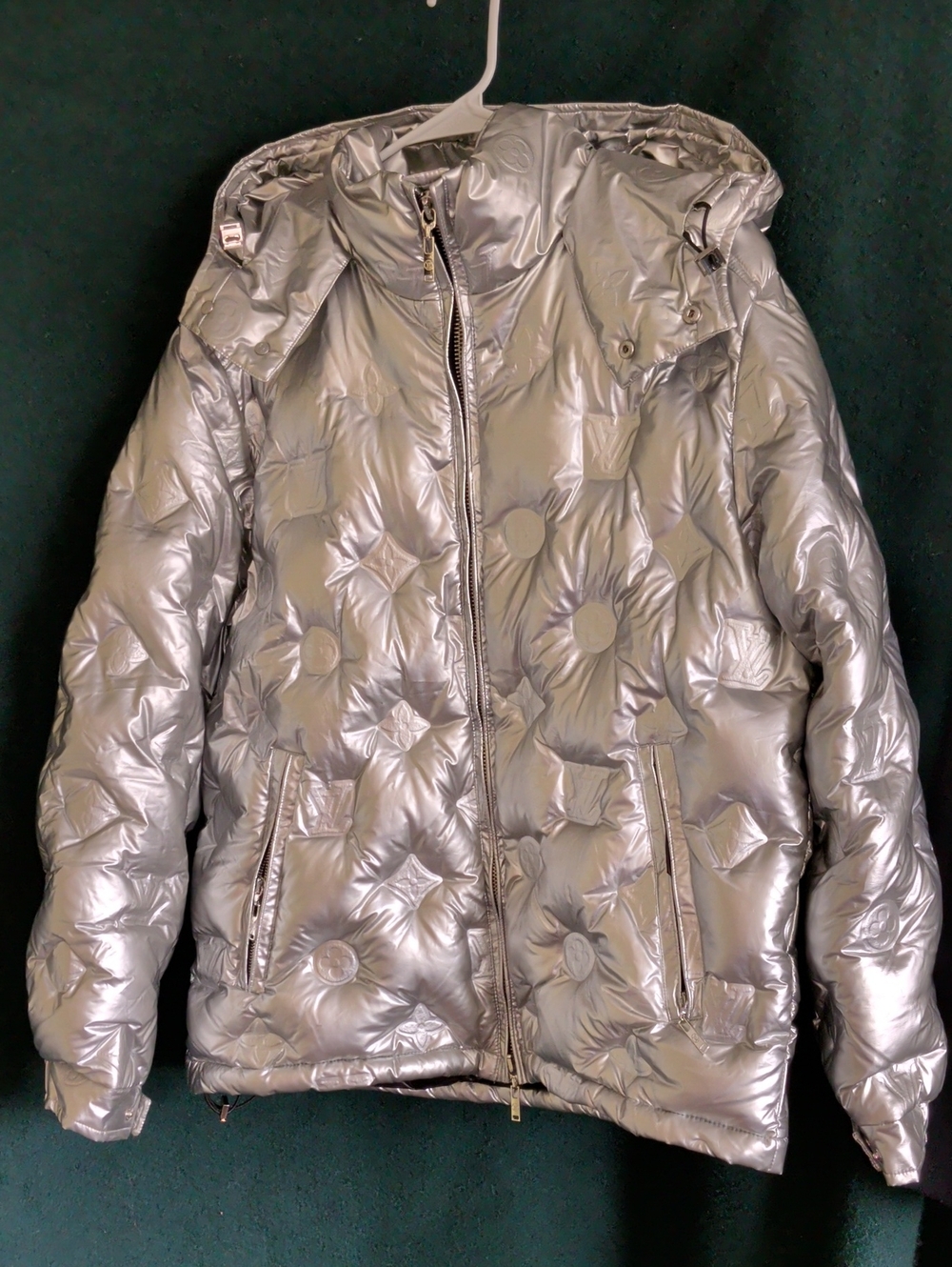 Louis Vuitton Metallic Silver Monogram Quilted Puffer Jacket with Hood